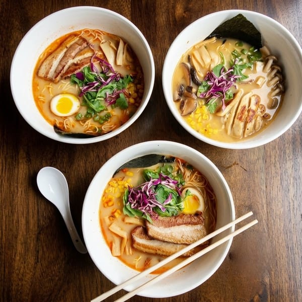 Three bowls of ramen topped with pork, vegetables, mushrooms, corn, egg, and seaweed on a wooden table with chopsticks and spoon.