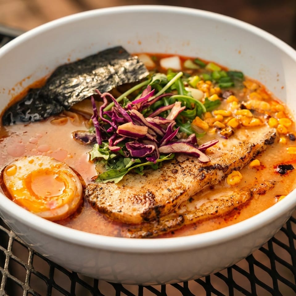 A bowl of ramen with pork belly, corn, seaweed, a soft-boiled egg, and red cabbage.